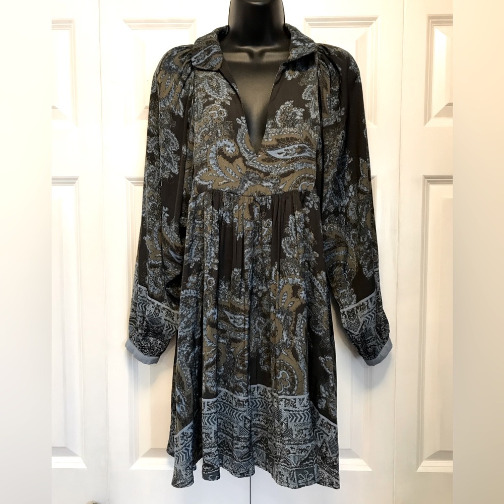 Free People Long Puff Sleeve Paisley Boho Lagenlook Dress Minidress ( Size XS)